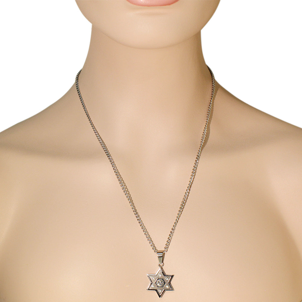 Stainless Steel Two-Tone Silver Black White Clear CZ Jewish Star of David Pendant Necklace