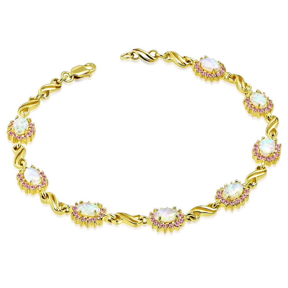 925 Sterling Silver Yellow Gold-Tone White Pink Simulated Opal S-link Tennis Bracelet