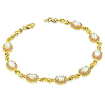 925 Sterling Silver Yellow Gold-Tone White Pink Simulated Opal S-link Tennis Bracelet