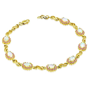925 Sterling Silver Yellow Gold-Tone White Pink Simulated Opal S-link Tennis Bracelet