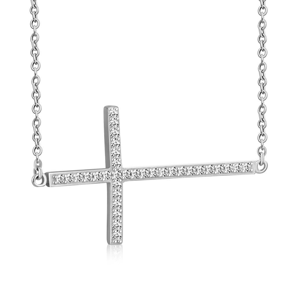 Sterling Silver Sideways Cross White CZ Pendant Necklace