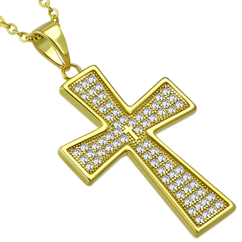 925 Sterling Silver Yellow Gold-Tone Clear CZ Religious Cross Pendant Necklace
