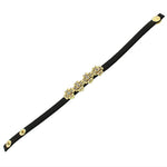 Fashion Alloy Black Leather Yellow Gold-Tone White CZ Flowers Floral Design Wristband Adjustable Bracelet