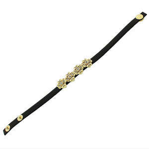 Fashion Alloy Black Leather Yellow Gold-Tone White CZ Flowers Floral Design Wristband Adjustable Bracelet