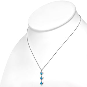 925 Sterling Silver Blue Simulated Opal Triple Heart Love Pendant Necklace