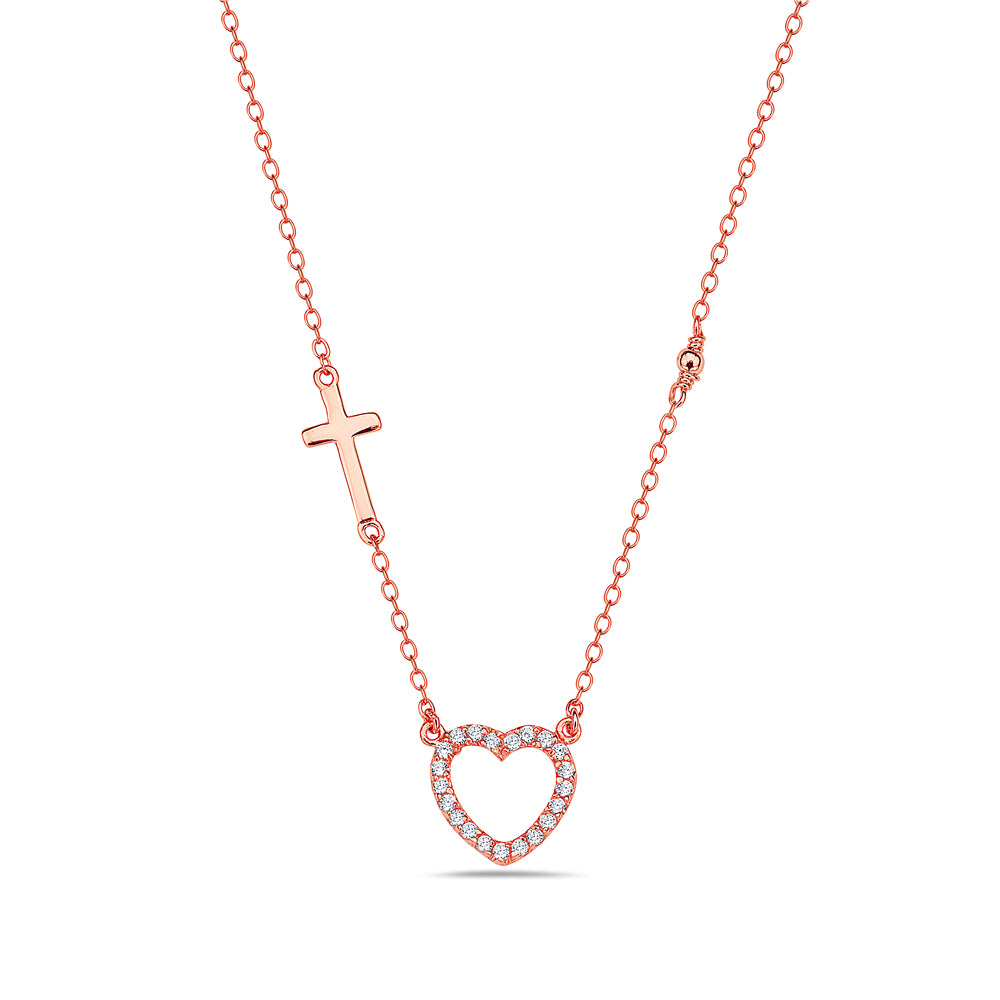 925 Sterling Silver Rose Gold-Tone Love Heart Cross Charm White CZ Pendant Necklace