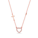 925 Sterling Silver Rose Gold-Tone Love Heart Cross Charm White CZ Pendant Necklace