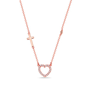 925 Sterling Silver Rose Gold-Tone Love Heart Cross Charm White CZ Pendant Necklace