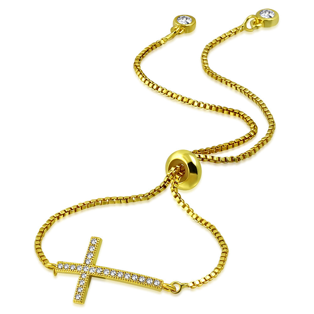 Stainless Steel CZ Religious Cross Adjustable Chain Bracelet, 9.5"