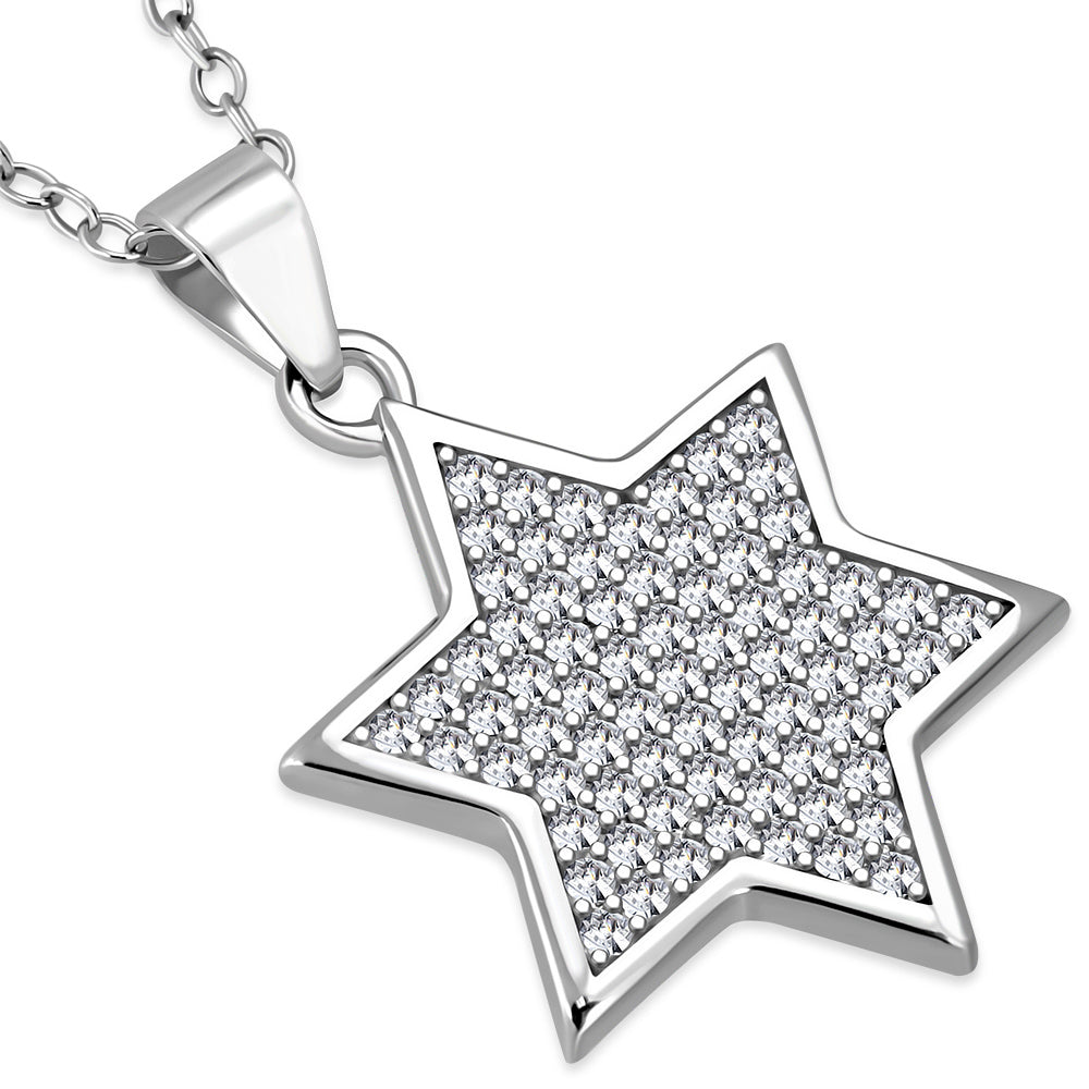 925 Sterling Silver Classic Star of David White Clear CZ Pendant Necklace