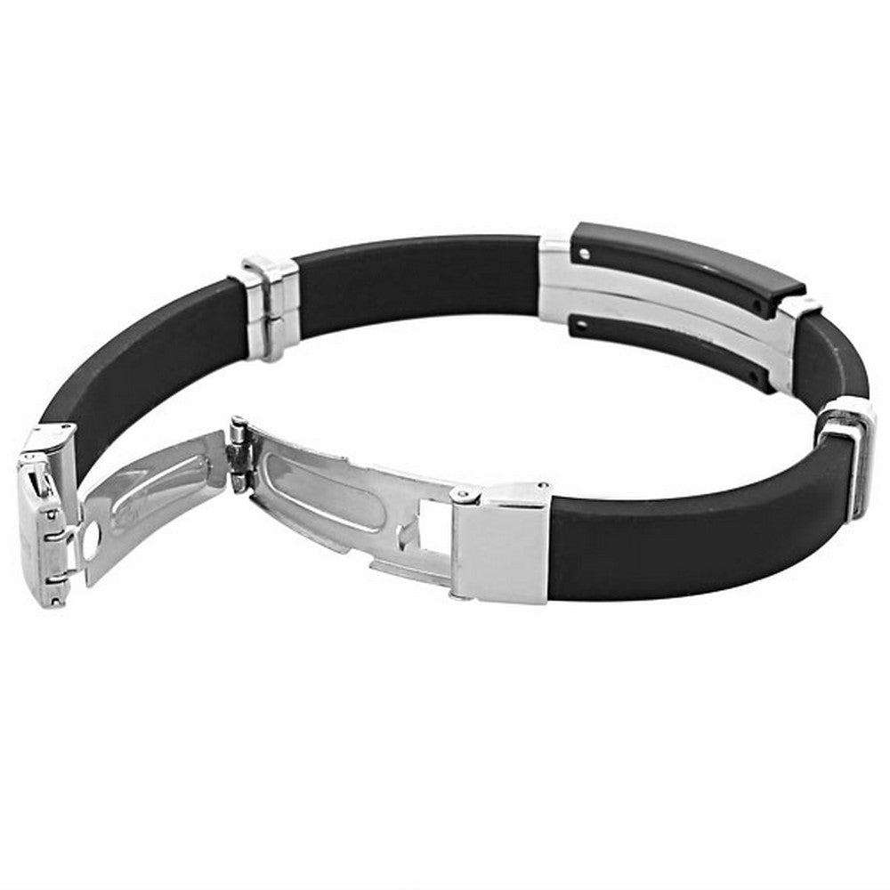 Stainless Steel Black Rubber Silicone Silver-Tone Men's Bracelet