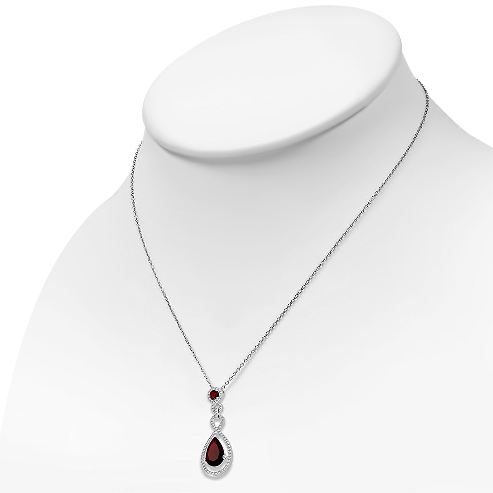 Sterling Silver Ruby Red Clear CZ Teardrop Large Statement Pendant Necklace