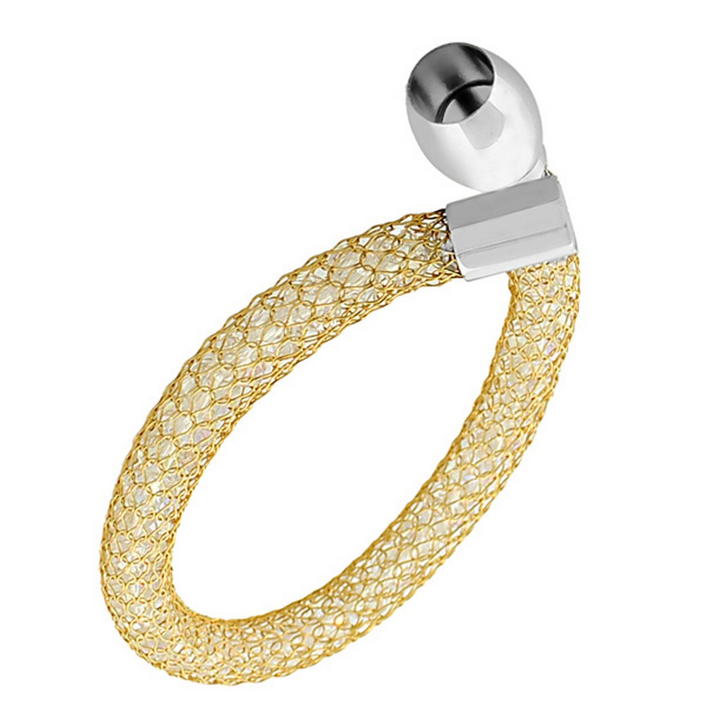 Stainless Steel Yellow Gold-Tone White CZ Mesh Bangle Bracelet
