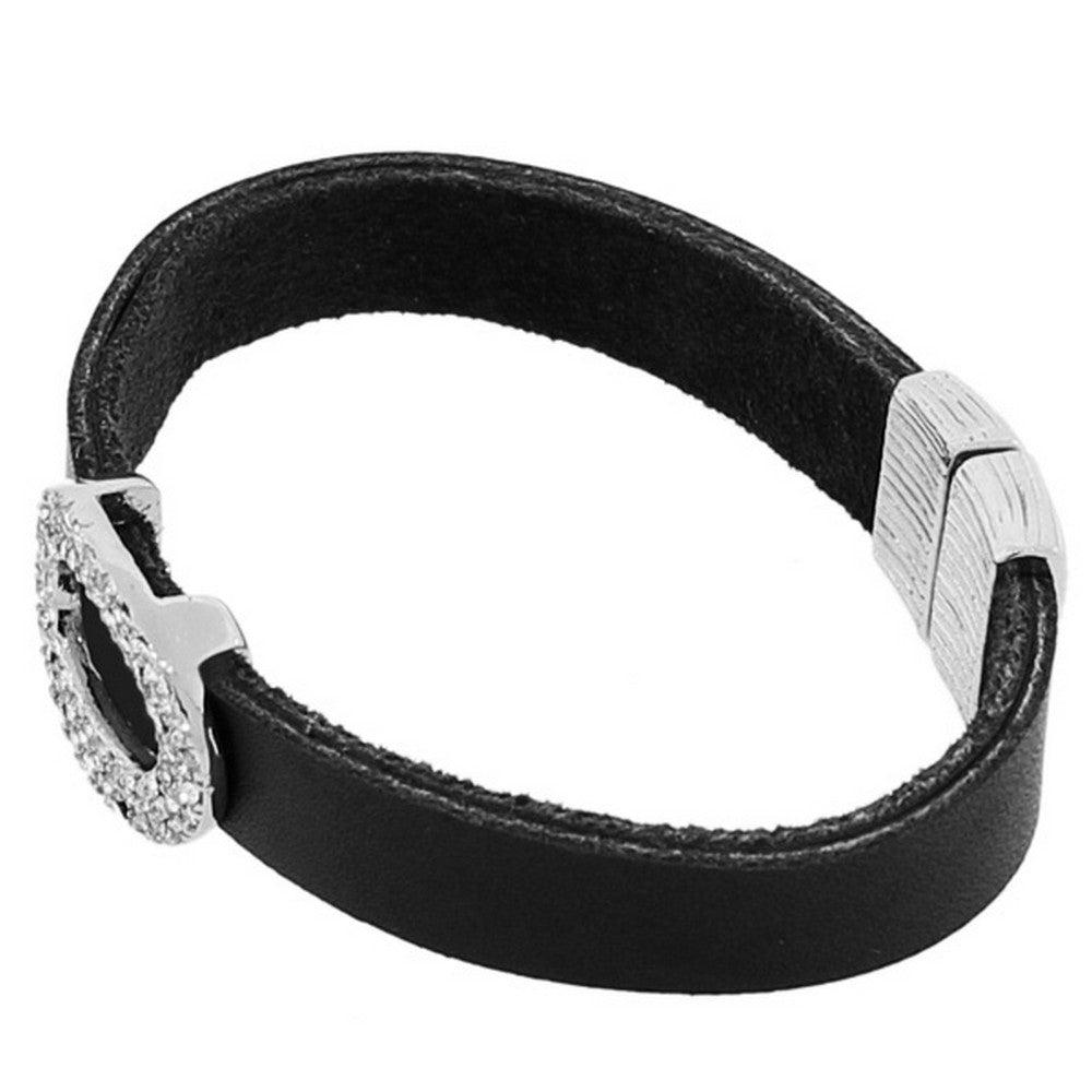 Fashion Alloy Black Leather White CZ Wristband Wrap Bracelet