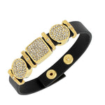 Fashion Alloy Black Leather Yellow Gold-Tone White CZ Wristband Adjustable Bracelet
