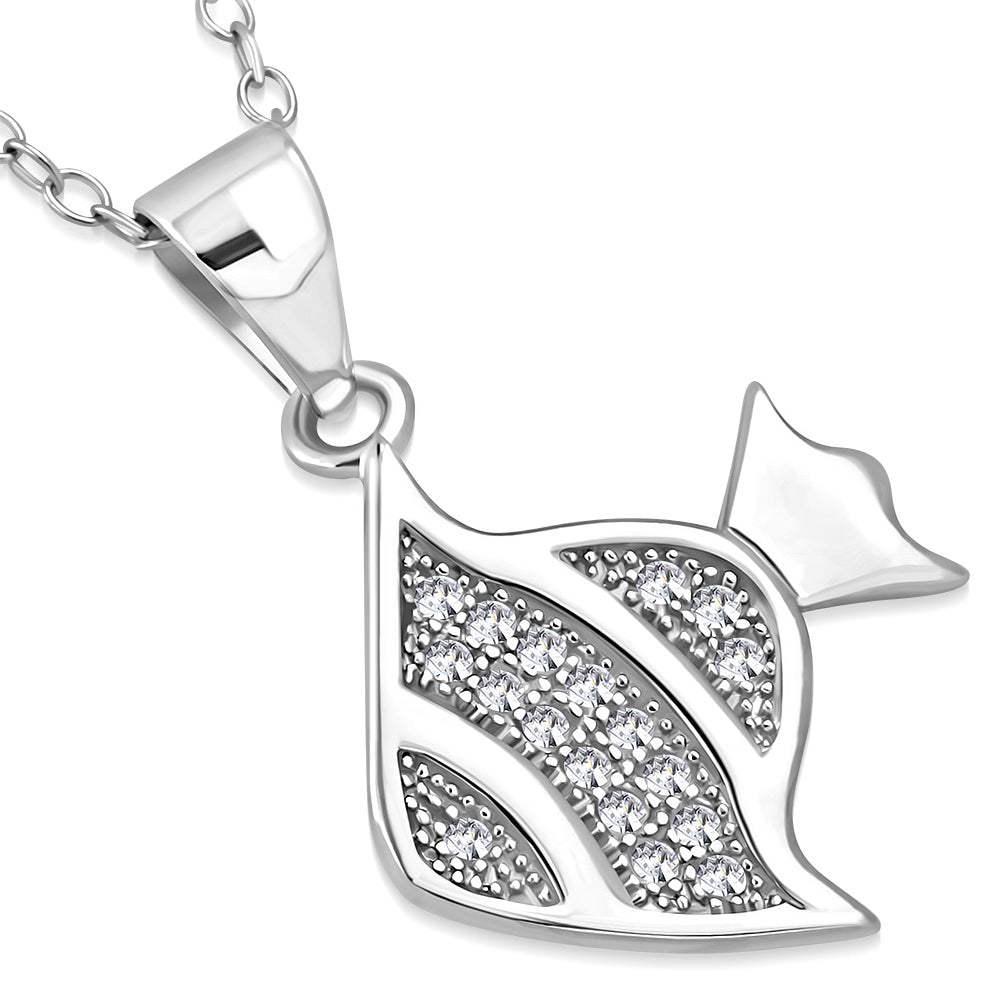 925 Sterling Silver White Clear CZ Marine Fish Pendant Necklace, 18"