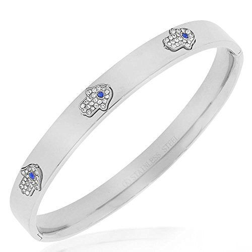 Stainless Steel Silver-Tone White Blue CZ Hamsa Good Luck Bangle Bracelet