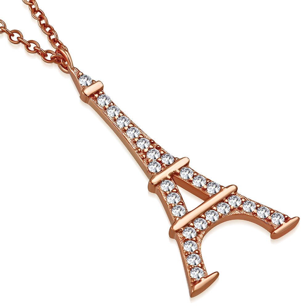 925 Sterling Silver Yellow Gold-Tone French France Eiffel Tower CZ Pendant Necklace