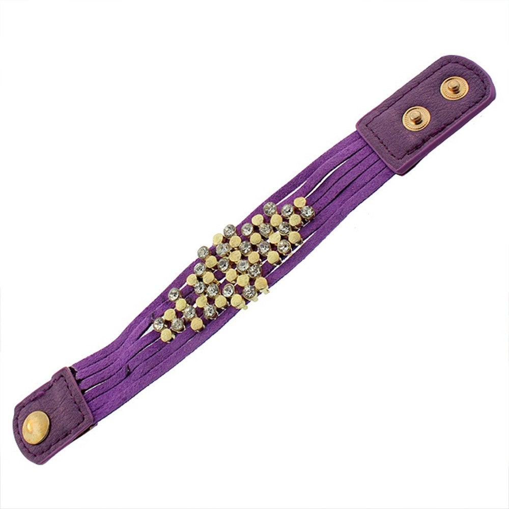 Faux Purple Suede Leather Yellow Gold-Tone White CZ Wristband Wrap Bracelet