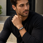 Stainless Steel Black Leather Silver-Tone Men's Bracelet