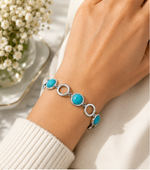 Stainless Steel Women's Bracelet with Simulated Turquoise Stones, 8 Inch Link Bracelet, Polished Silver Tone