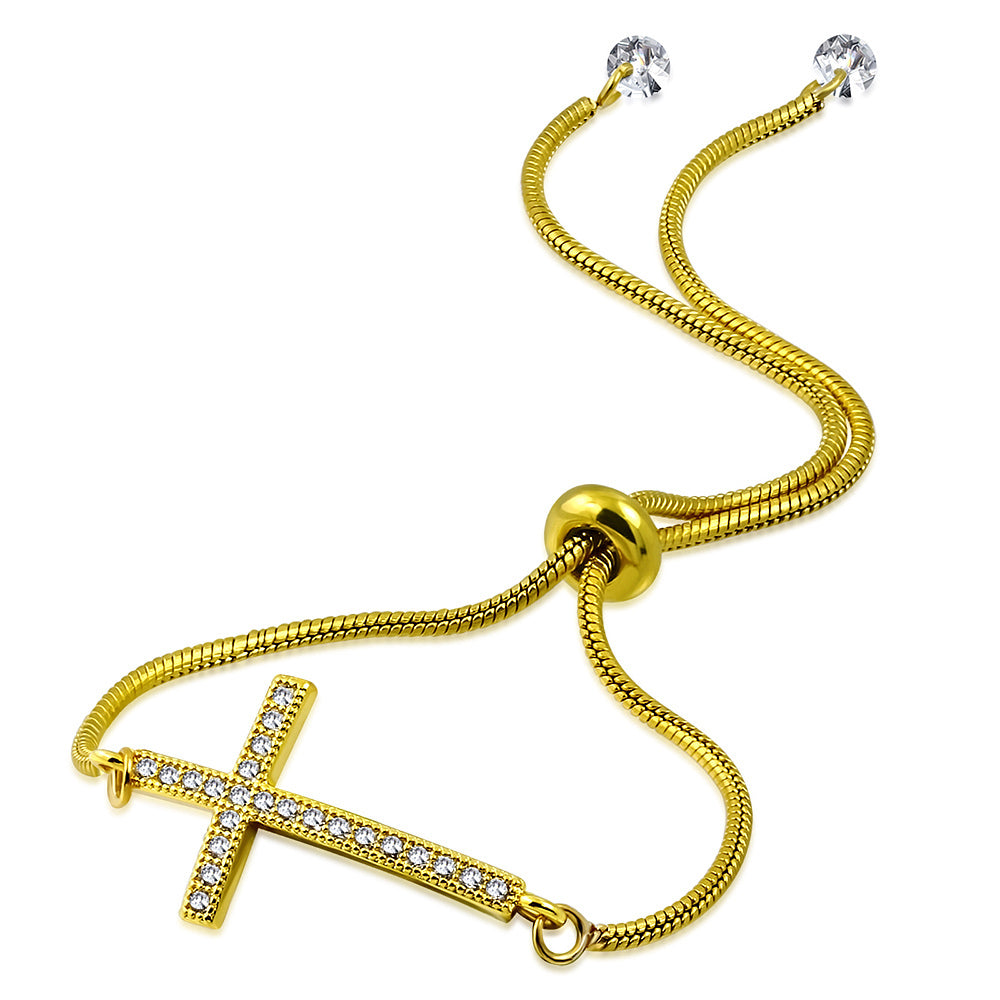 Stainless Steel Clear CZ Religious Cross Adjustable Snake Chain Bracelet, 9"