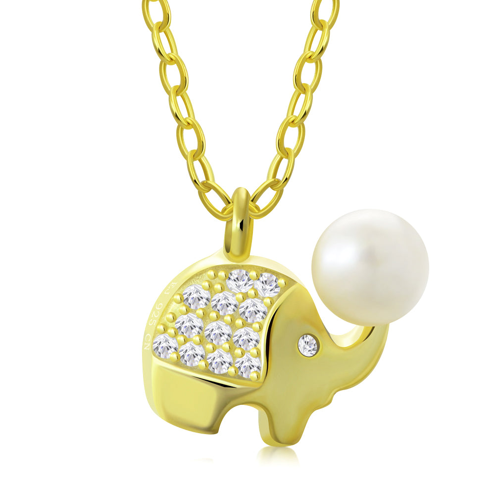 My Daily Styles Adorable 925 Sterling Silver Small Elephant CZ and Simulated Pearl Pendant Necklace - 18" Silver Chain