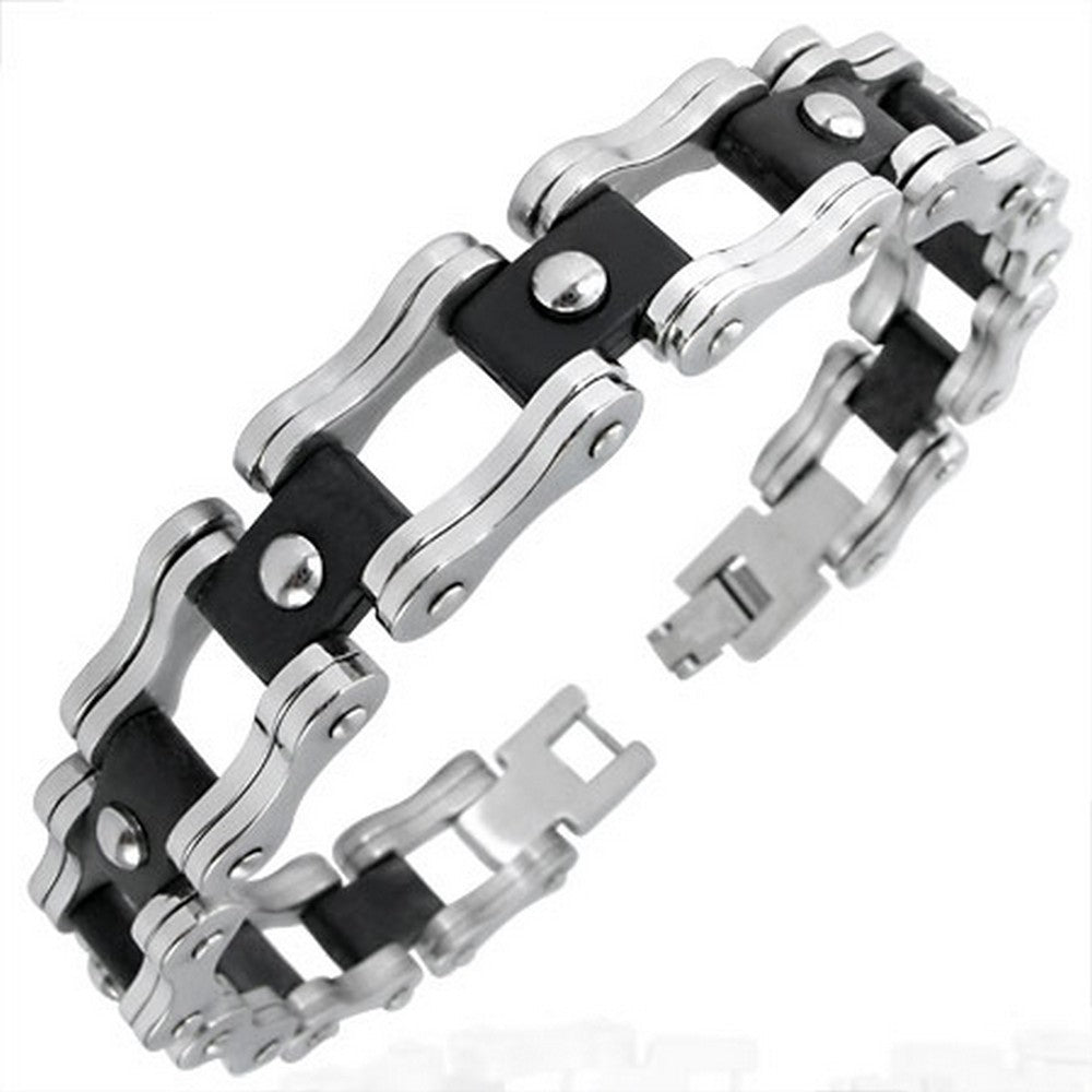 Stainless Steel Silver Black Two-Tone Mens Links Chain Bracelet