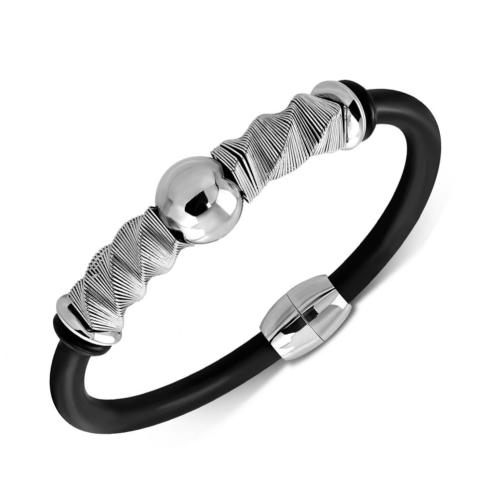 Stainless Steel Silver Black Rubber Mens Bracelet, 8"
