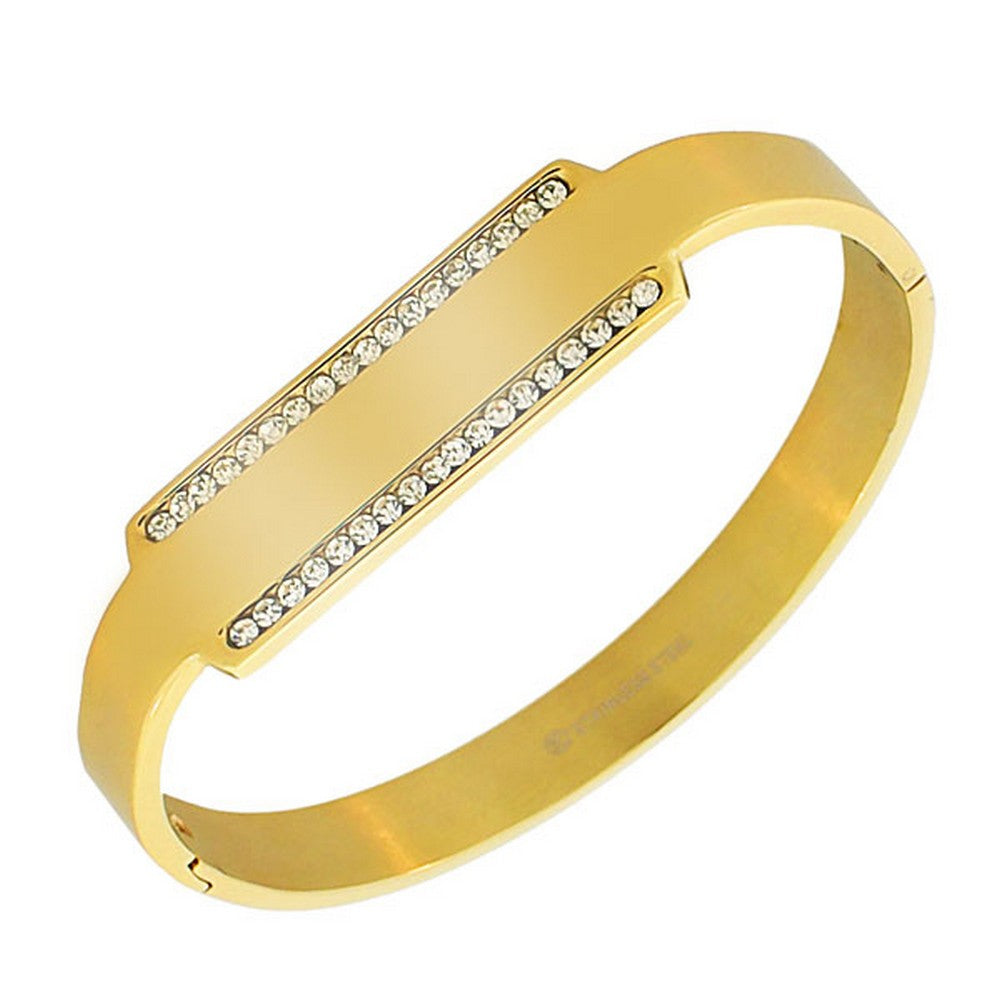 Stainless Steel Yellow Gold-Tone White CZ Bangle Bracelet