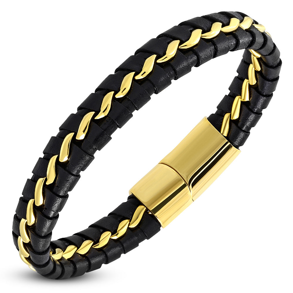 Stainless Steel Yellow Gold-Tone Black Leather Braided Wristband Mens Bracelet, 8.25"