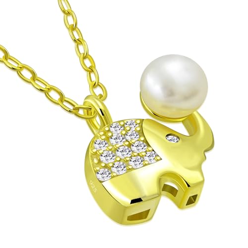 My Daily Styles Adorable 925 Sterling Silver Small Elephant CZ and Simulated Pearl Pendant Necklace - 18" Silver Chain