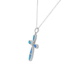925 Sterling Silver Simulated Blue Opal Clear CZ Religious Cross Pendant Necklace