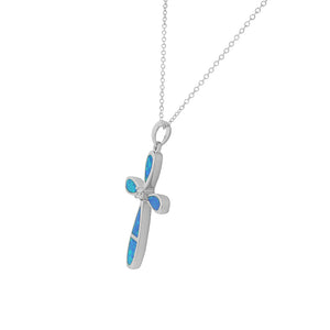 925 Sterling Silver Simulated Blue Opal Clear CZ Religious Cross Pendant Necklace