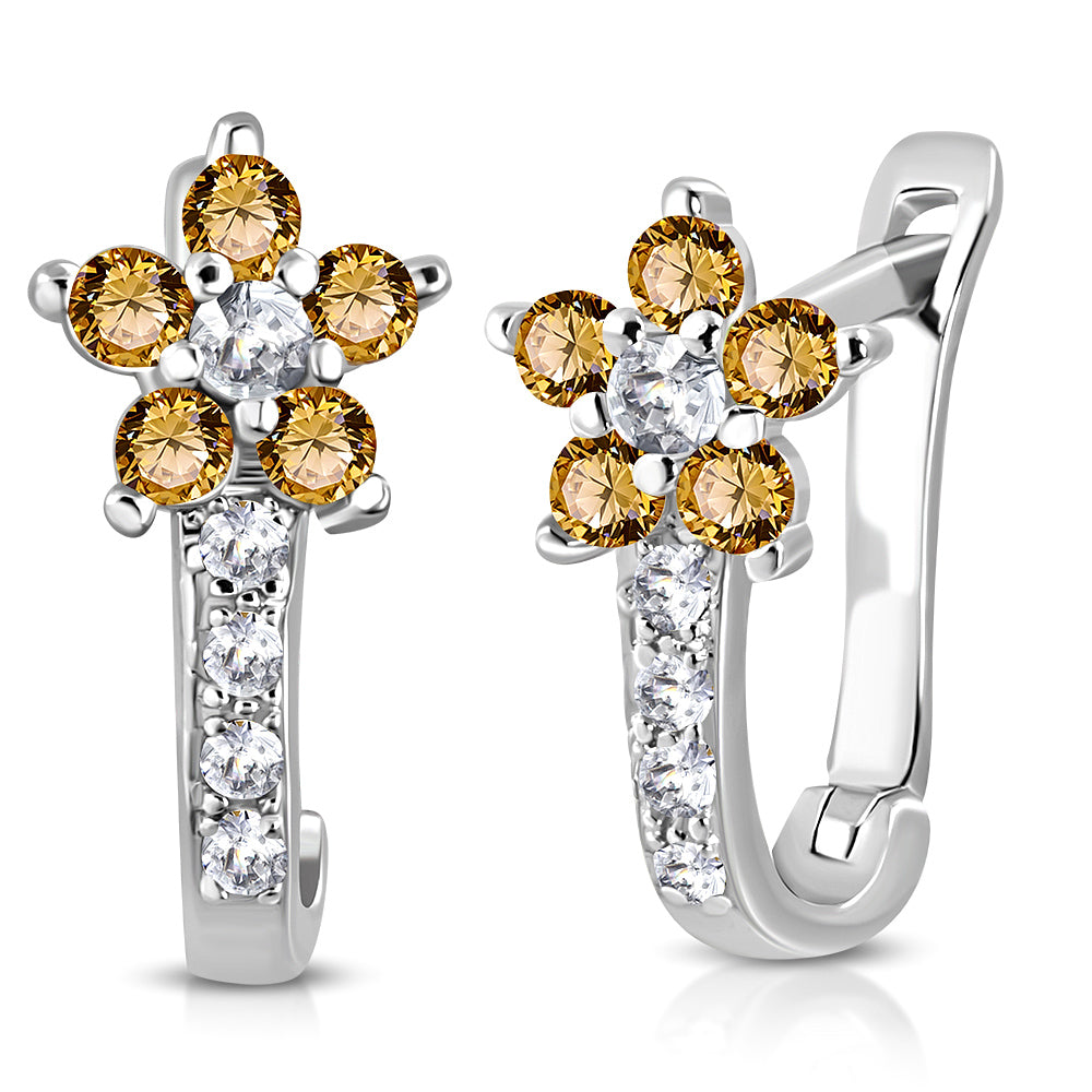 925 Sterling Silver Clear Brown CZ Small Girls Hoop Huggie Flower Floral Earrings, 0.5"