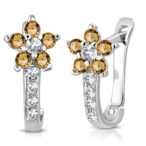 925 Sterling Silver Clear Brown CZ Small Girls Hoop Huggie Flower Floral Earrings, 0.5"