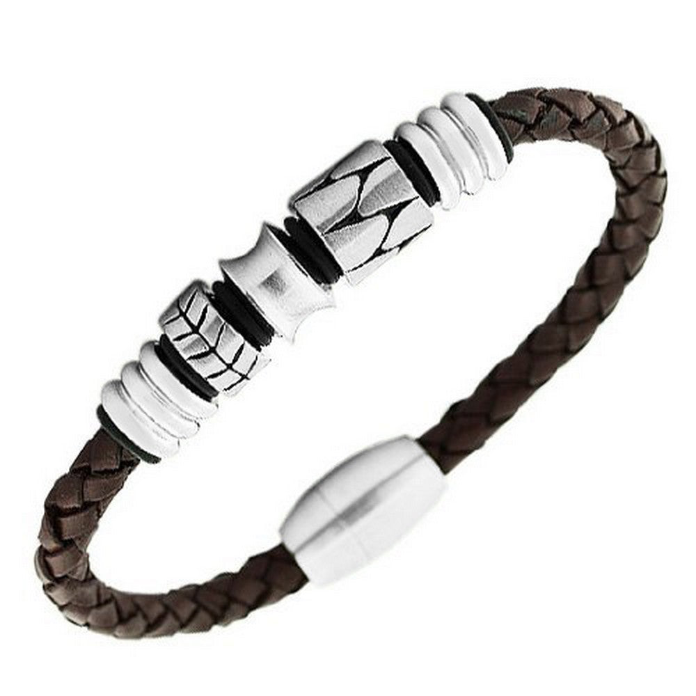 Stainless Steel Brown Leather Silver-Tone Braided Men's Bracelet