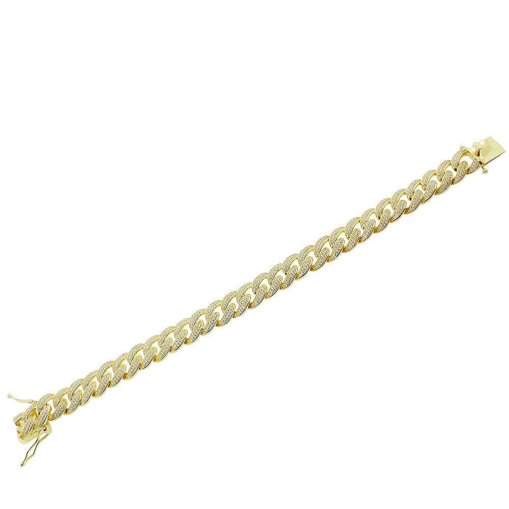 925 Sterling Silver Yellow Gold-Tone CZ Miami Link Hip-Hop Large Heavy Chain Bracelet Set