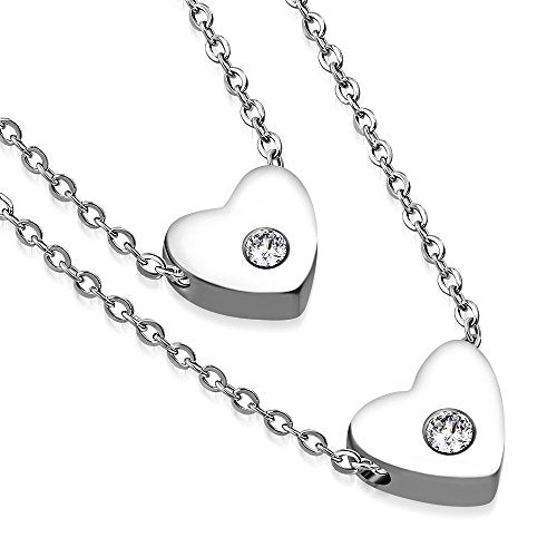 Stainless Steel Yellow Gold-Tone Double Chain White Clear CZ Love Heart Pendant Necklace
