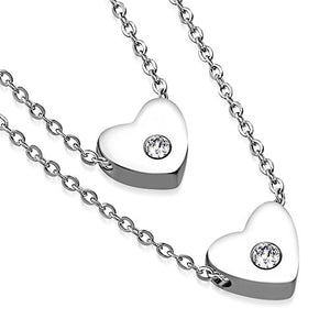 Stainless Steel Yellow Gold-Tone Double Chain White Clear CZ Love Heart Pendant Necklace