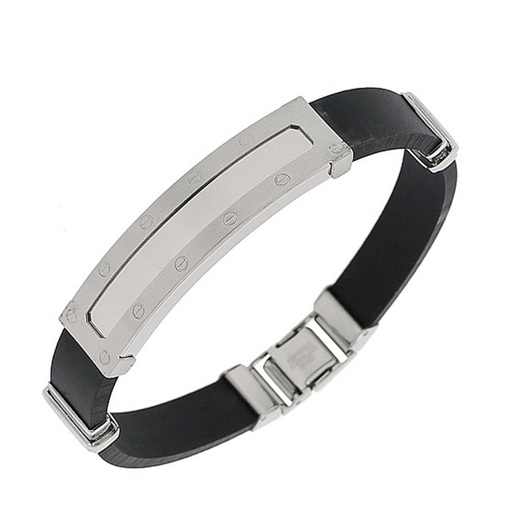Stainless Steel Black Rubber Silicone Silver-Tone Men's Bracelet