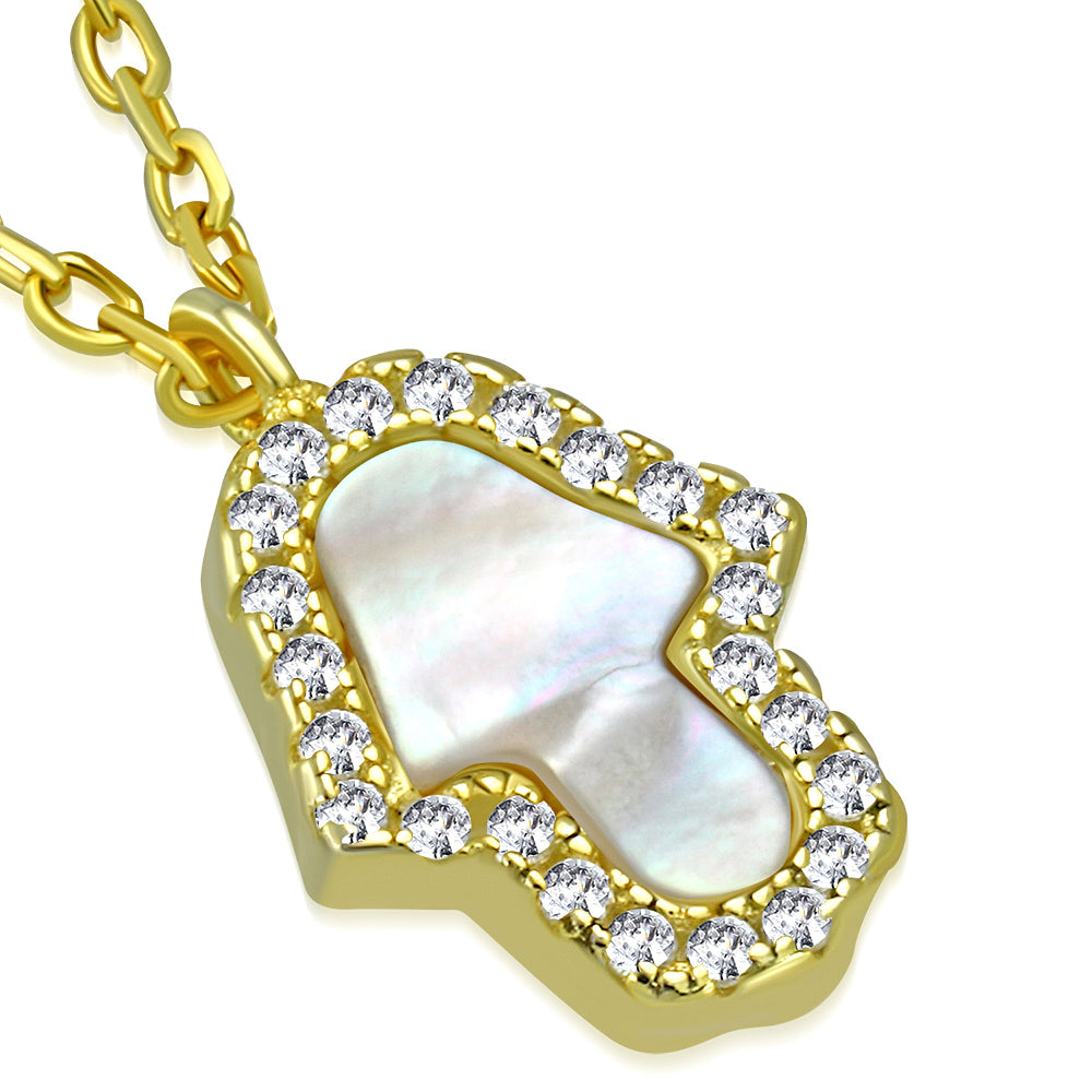 925 Sterling Silver Simulated Mother of Pearl Clear CZ Hamsa Pendant Necklace, 18"