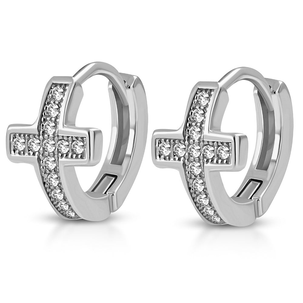 925 Sterling Silver CZ Cross Religious Hoop Huggie Womens Earrings