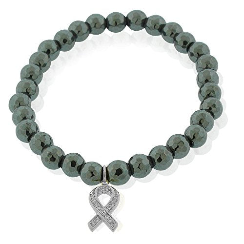 925 Sterling Silver Yellow Gold-Tone CZ Breast Cancer Awareness Ribbon Stretch Beaded Bracelet