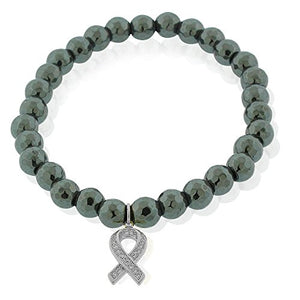 925 Sterling Silver Yellow Gold-Tone CZ Breast Cancer Awareness Ribbon Stretch Beaded Bracelet