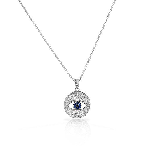 Sterling Silver Yellow Gold-Tone White Blue CZ Evil Eye Protection Pendant Necklace