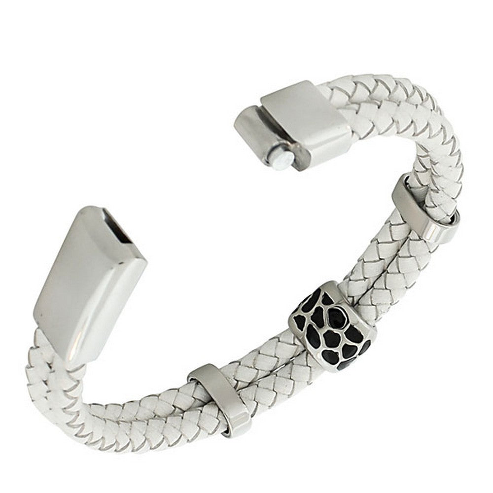 White PU Leather Braided Silver-Tone Black Enamel Wristband Womens Bracelet