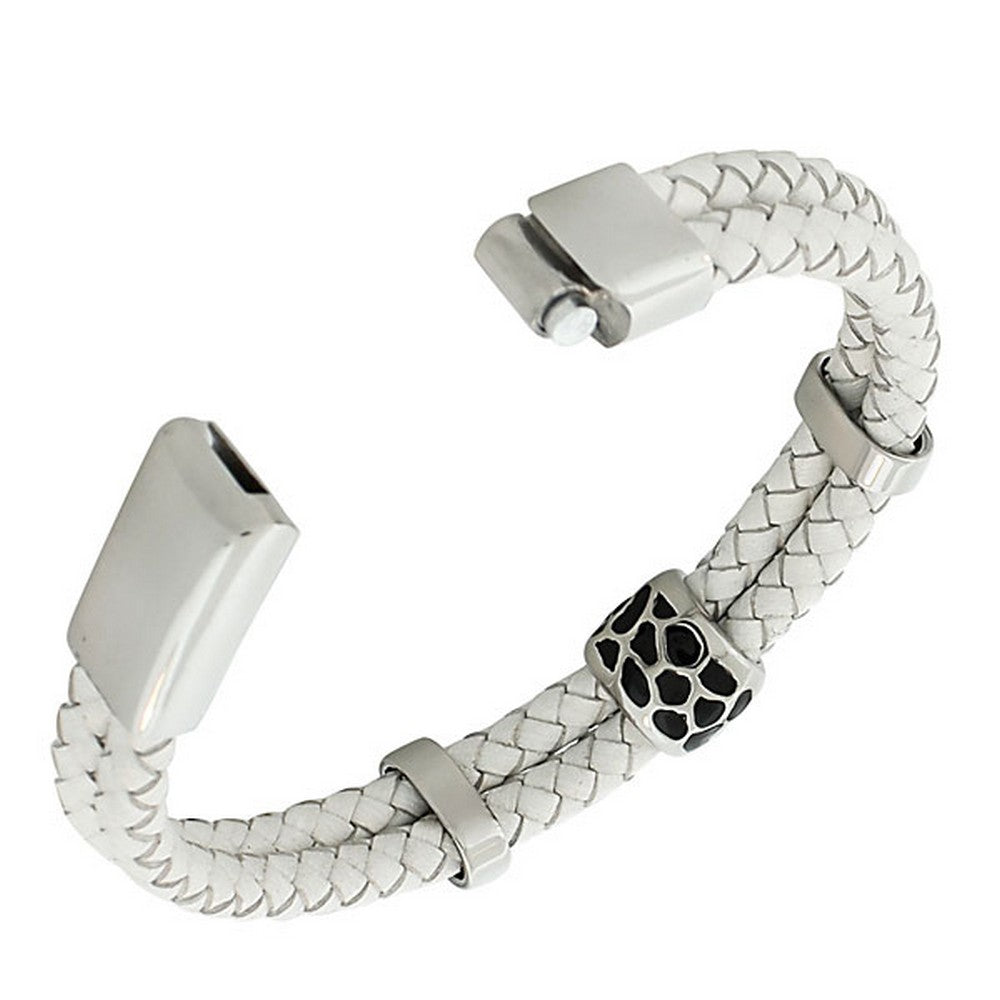 White PU Leather Braided Black Enamel Wristband Womens Bracelet