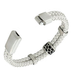 White PU Leather Braided Silver-Tone Black Enamel Wristband Womens Bracelet