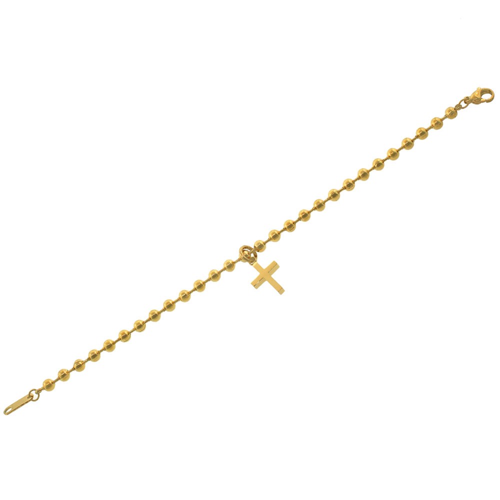 Stainless Steel Yellow Gold-Tone Ball Chain Religious Cross Bracelet